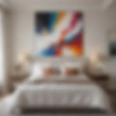 A beautifully arranged guest bedroom featuring a large abstract painting above the bed, enhancing the aesthetic of the space