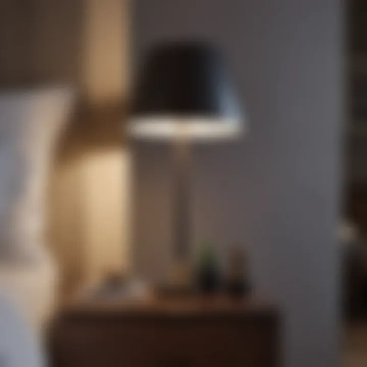 A modern bedside lamp with a minimalist design illuminating a cozy nook