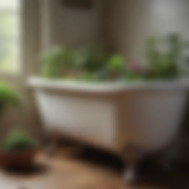 A close-up of a vintage bathtub planter displaying healthy plants and decorative stones.