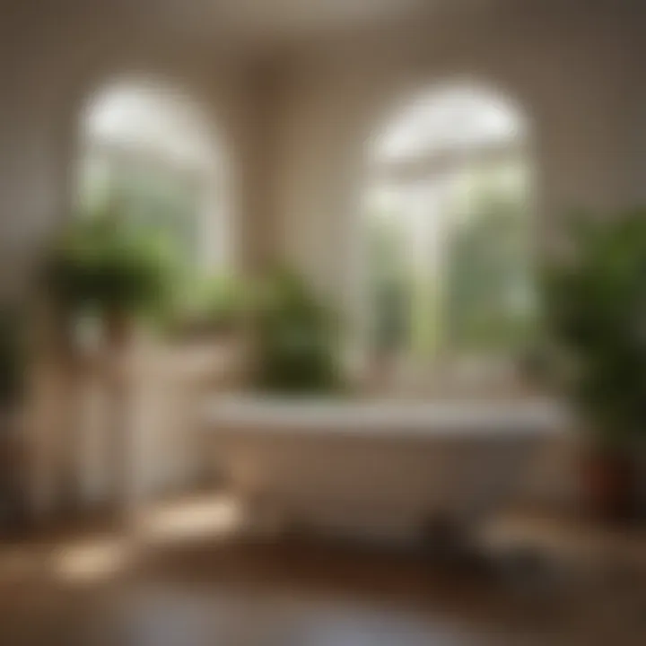 An elegantly designed indoor space featuring a vintage bathtub planter with lush greenery.