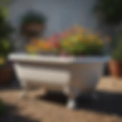 A vintage bathtub repurposed as a vibrant outdoor planter filled with blooming flowers.