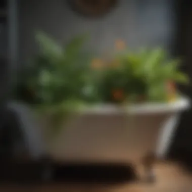 Creative arrangement of various plants in a vintage bathtub, showcasing diverse textures and colors.