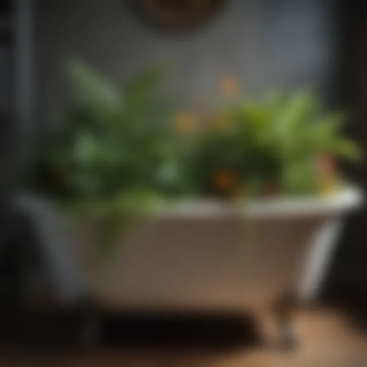Creative arrangement of various plants in a vintage bathtub, showcasing diverse textures and colors.