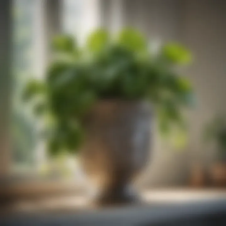 A close-up of a pothos plant cascading elegantly from a shelf