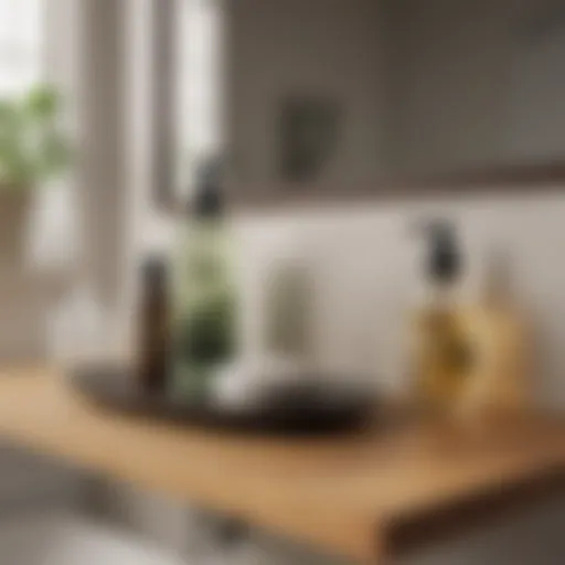 A serene bathroom showcasing natural cleaning products on a wooden shelf.