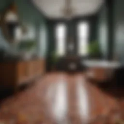 A luxurious bathroom featuring vibrant linoleum flooring with intricate patterns.