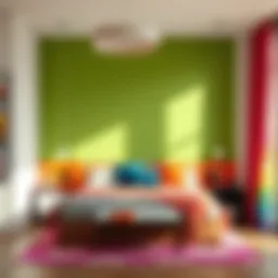 Vibrant rainbow accent wall in a modern bedroom