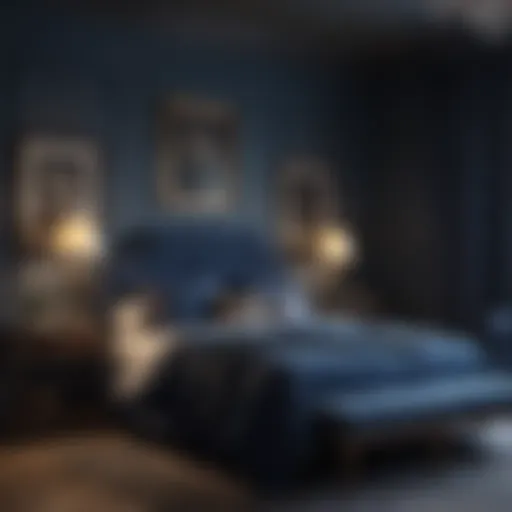 Sophisticated dark blue bedroom showcasing a masculine aesthetic