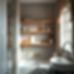 Stylish floating shelves in a compact bathroom