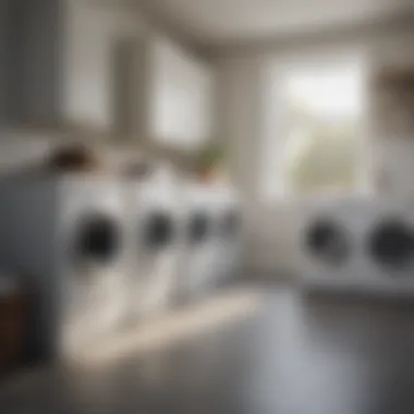 A spacious laundry room featuring various sizes of laundry bins