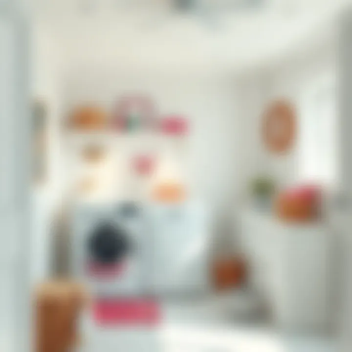 Bright white laundry room with pops of color through accessories and artwork