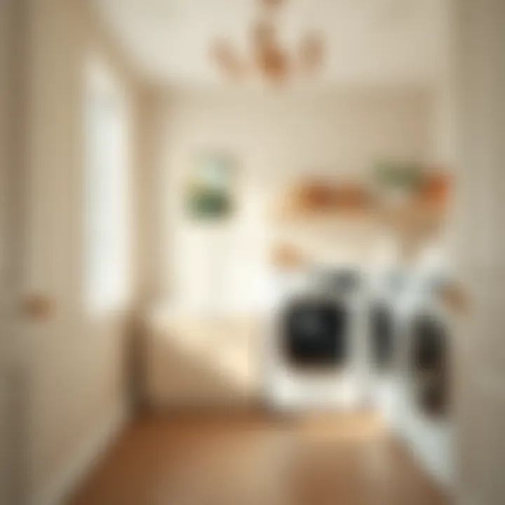 Neutral beige laundry space with functional layouts and effective lighting