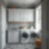 A serene laundry room painted in soft gray tones highlighting storage solutions