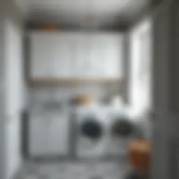 A serene laundry room painted in soft gray tones highlighting storage solutions