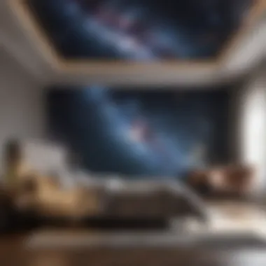 A serene bedroom featuring a galaxy mural that evokes tranquility and escape.