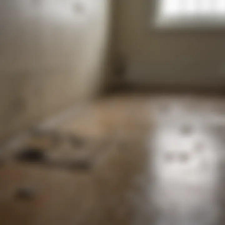 A close-up view of a damaged bathroom subfloor showcasing water damage signs