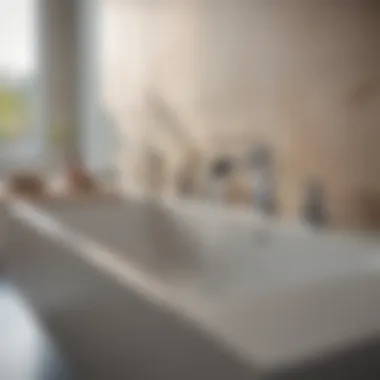 Variety of square bath faucets displayed on a stylish bathroom countertop