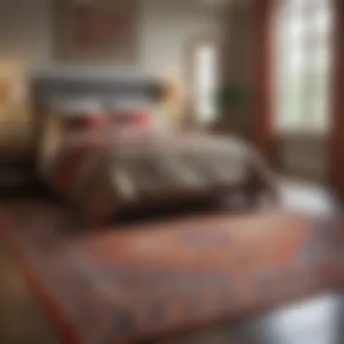 Bold Rug as a Focal Point in Vibrant Bedroom Vibrant bedroom design with a bold rug that serves as a focal point