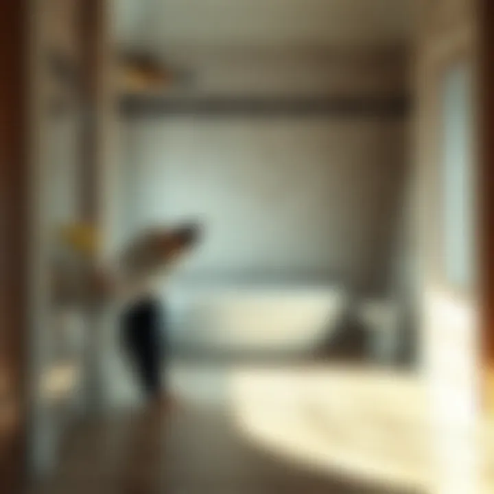 A person inspecting a bathroom floor for loose tiles