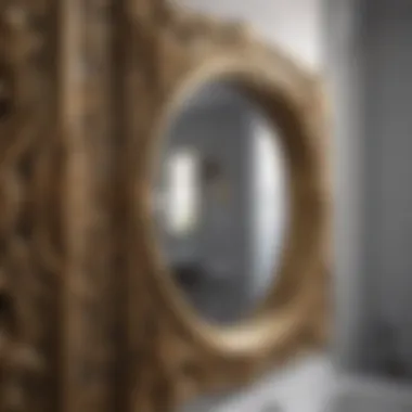 Close-up of intricate brass details on a bath mirror