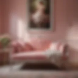 Elegant pink bench adorned with plush cushions in a serene bedroom setting