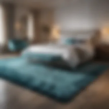 Aqua rug placed in a modern bedroom setting