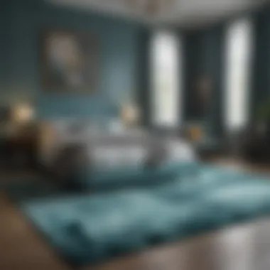 Stylish aqua rug complementing a vibrant bedroom decor