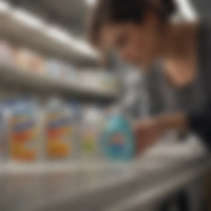 A person examining laundry detergent labels for ingredients