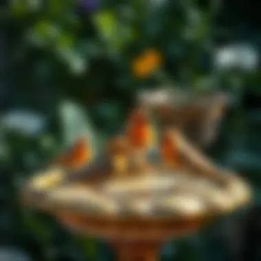 Birds Relaxing at a Serene Bird Bath Birds enjoying water in a serene garden environment