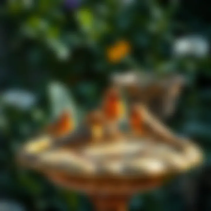 Birds Relaxing at a Serene Bird Bath Birds enjoying water in a serene garden environment