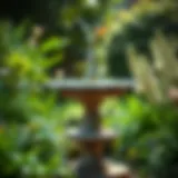Elegant stone bird bath surrounded by lush greenery