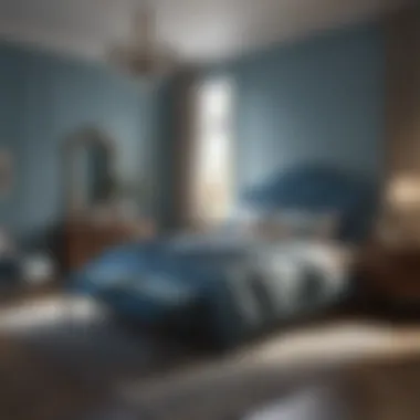 Calming Blue Walls and Soft Lighting in Bedroom Design Serene bedroom with calming blue walls and soft lighting