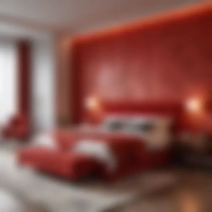 Vibrant red accent wall paired with warm artificial lighting