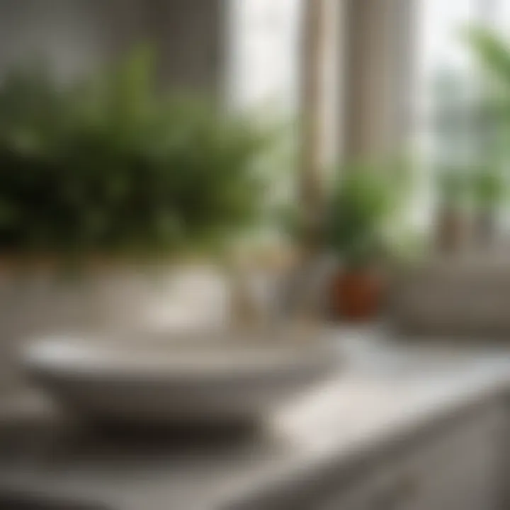 Close-up of elegant faux greenery placed on a bathroom countertop