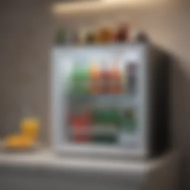 Refreshing Beverages in Bathroom Mini Fridge Mini fridge stocked with refreshing beverages in a bathroom