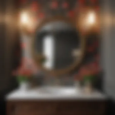 Floral Elegance in Bathroom Cabinet Design Elegant bathroom cabinet adorned with floral wallpaper