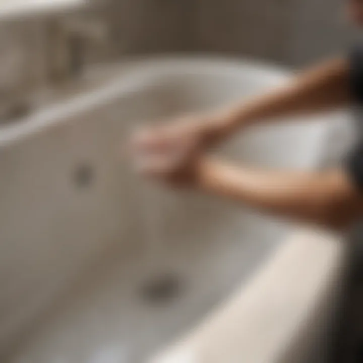 Close-up of a person scrubbing the surface of a bathtub