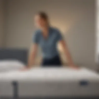 Customer examining Tempur-Pedic mattress features